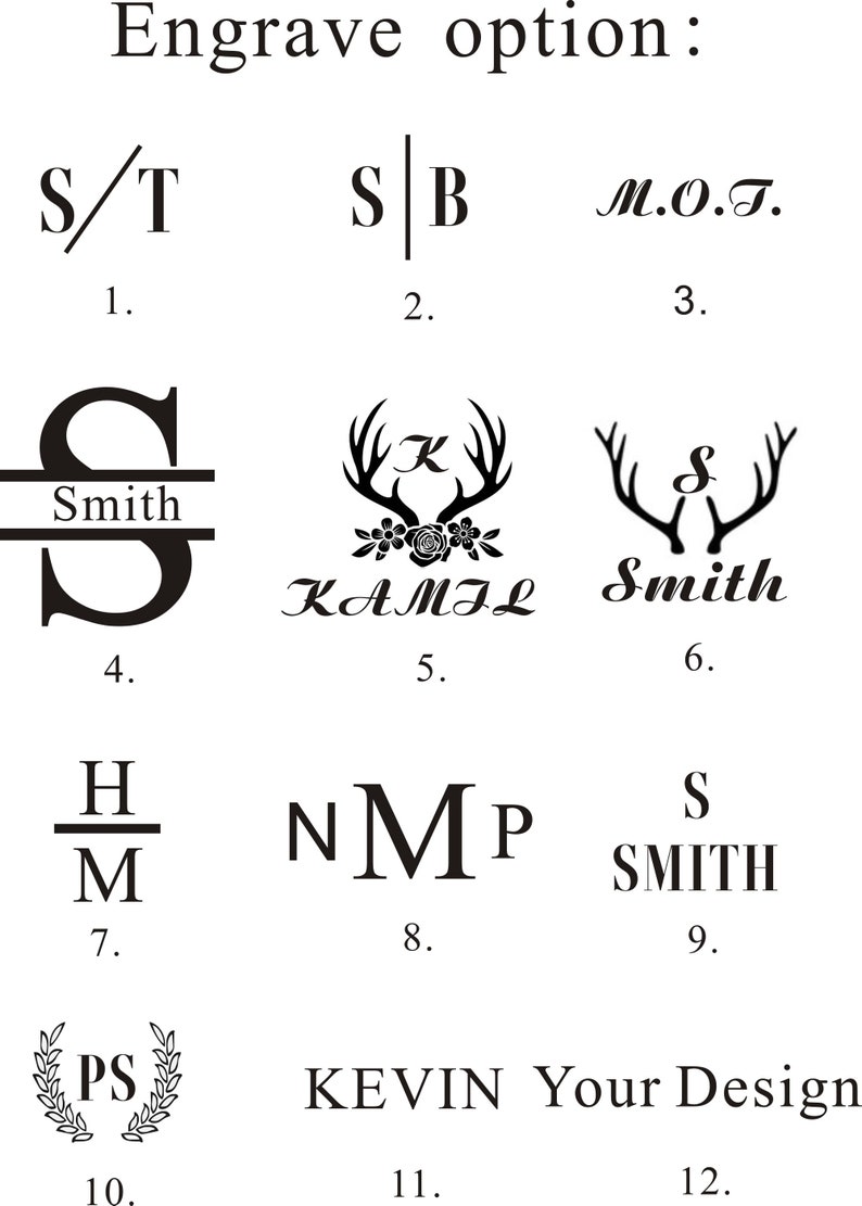 Op de afbeelding: Een grafiek met 12 verschillende graveeropties voor een gepersonaliseerd cadeau. De opties omvatten initialen, namen en ontwerpen zoals een hertenkop met een bloemenkrans.