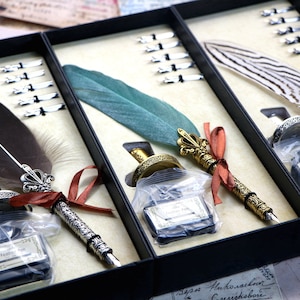 Penna stilografica piuma, penna piuma con scatola, penna piuma con inchiostro e supporto, penna piuma con inchiostro nero regalo