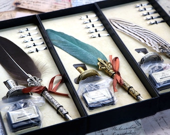 Juego de pluma estilográfica: tinta negra, 5 puntas, con estuche de regalo