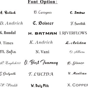 May include: A chart of different font styles, labeled A through X, with each font style displayed in a sample word or phrase. The font styles include Bintank, Cursyves, Snow, Andrich, Boister, Sweetish, Rondal, BATMAN, RIVERFLOWS, Times, Ariston, Sofia, Vani, Allura, Best Journey, Dinner, Dialymilk, LUCIDA, Montiran, Vivaldi, Daily Milk, and COPPER.