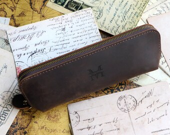 Leather Pen Case: Zippered Full Grain Leather Storage