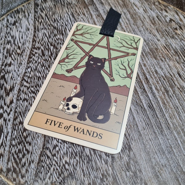 Tarot Cat Bookmark • Tarot Bookmark • Five of Wands • Faux Leather Bookmark