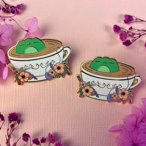 Tea Cup Frog Hard Enamel Pin | Cozy Tea Pin - Kawaii Sleepy Frog Lapel Pin