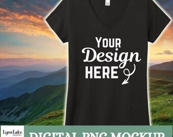 District dames tri-blend T-shirt met V-hals en mockup met bergzonsondergang