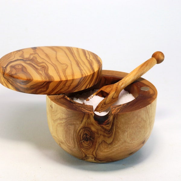 Olive Wood Salt Cellar With Lid and Spoon, Salt Pig/Spice box/Salt Keeper/Salt Pot - BEST SELLER