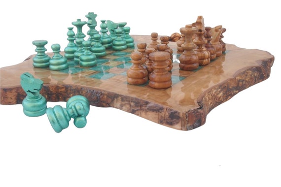 Olive Wood Epoxy Double-side Resin Chess Board Game Set 