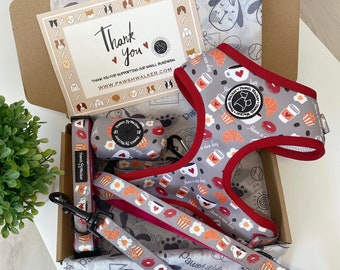 Pawsh Walker Good Morning Dog bundle set, dog adjustable harness, red harness, breakfast harness, coffee harness, dog gift, girl dog harness