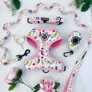 Dog harness, cat harness, pink harness, birds pattern harness, dog bundle set, dog harness set, dog gift, puppy harness set, dog apparel