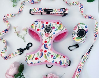 Dog harness, cat harness, pink harness, birds pattern harness, dog bundle set, dog harness set, dog gift, puppy harness set, dog apparel