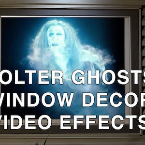 May include: A window display showing a spectral figure with long hair and a blue aura. The text "POLTER GHOSTS WINDOW DECOR VIDEO EFFECTS" is displayed in white. The window is framed by a dark grey border.