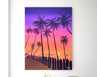 May include: A painting depicting a tropical sunset with palm trees silhouetted against a vibrant pink, orange, and purple sky. A wooden fence runs along the beach in the foreground.