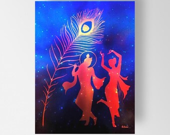 Kosmische Radha Krishna canvasafdrukken voor huis- en wanddecoratie, moderne hindoeïstische religieuze kunstwerken