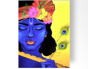 Lord Krishna canvasafdruk, abstracte hindoekunst, woondecoratie