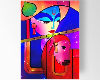 Abstracte Lord Krishna-canvas, kosmisch woondecor