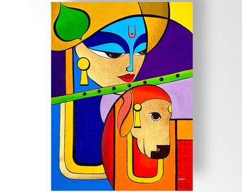 Lord Krishna abstracte kunst canvasafdruk, muurdecoratie huis
