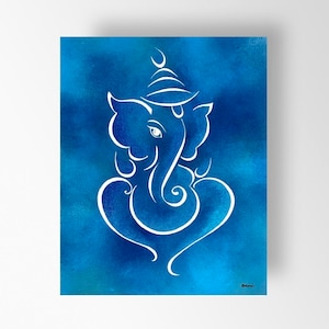 Calm Blue Lord Ganesh Canvas Prints, Minimalist Abstract Pattern Ganesha Painting for Home and Wall Decor, Ready to Hang!