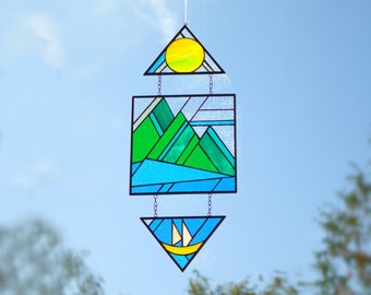 Landscape mountains stained glass suncatcher and window panel Forest and Nature Windows hangings Windows decoration Gift for Christmas