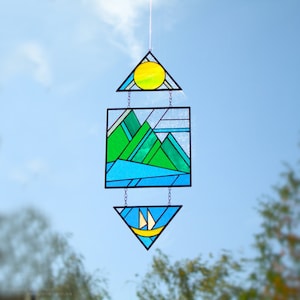 Landschaft Berge Bunt Glas Suncatcher und Fensterbild Wald und Natur Fensterbilder Fensterdekoration Geschenk für Weihnachten