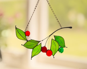 Stained glass berries suncatcher Red cherry branch Window hangings Mothers day gifts Window decoration Custom stained glass Garden decor