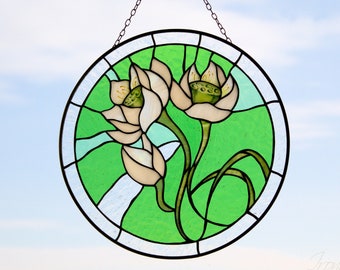 Stained glass panel White lilies flower suncatcher Mothers day gift Custom stained glass Window hangings Grandma gift tiffany glass art