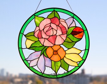 Pink peony flowers Bouquet of peonies stained glass panel Bright and colorful window hangings flower suncatcher Gift for mother grandmother