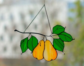 Stained glass pear suncatcher Nature Ornament Fruit branch Yellow pear Mothers Day gift Window hangings Nature decor Custom stained glass