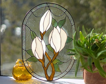 Stained glass Magnolia flower window panel Stained glass window hanging Stained glass suncatcher home decoration Stain glass decor