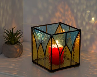 Romantisches Geschenk Buntglas Kerzenhalter - Blaue & Gelbe Glaskunst