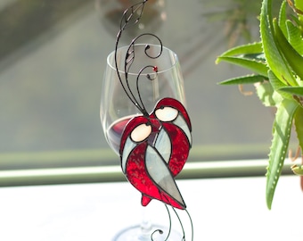 Bullfinch stained glass bird suncatcher on a branch Christmas gifts Window hangings keepsake Glass art