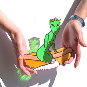 Custom Stained Glass Humanoid & Hot Dog Suncatcher – UFO Window Decoration