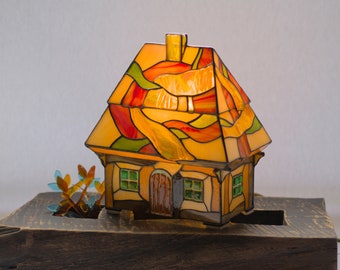 Mini Dorfhaus Glasmalerei - Handgemachtes Nachtlicht im Tiffanystil