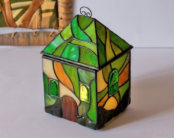 Stained Glass Jewelry Box Green Handmade Summer House Trinket Box