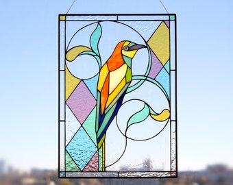 Stained glass bird Suncatcher bird Bee-eater Stained glass window panel Stained glass suncatcher Stained glass window hangings home decor