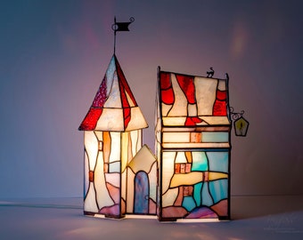 Castle Stained glass lamp Stained glass home House night light Gift Architecture art Tiffany lamp Mini house stained glass home