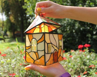 Stained Glass House Box in Amber Color - Handmade Jewelry Keepsake with Candle