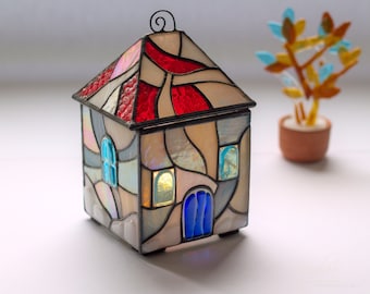 Gift for women. Red Blue jewelry box. Stained glass jewelry box mini house. Desktop Box Stained glass house нandmade