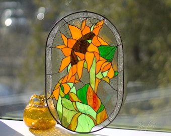 Stained glass panel yellows sunflower Warm flower decor Flower suncatchers Symbolic flower Mom grandma gift Custom stained glass