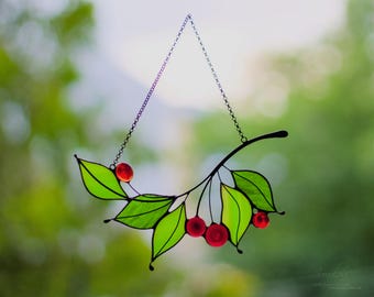 Suncatcher - Glasmalerei Kirschzweig - Handgemachte Fensterdeko