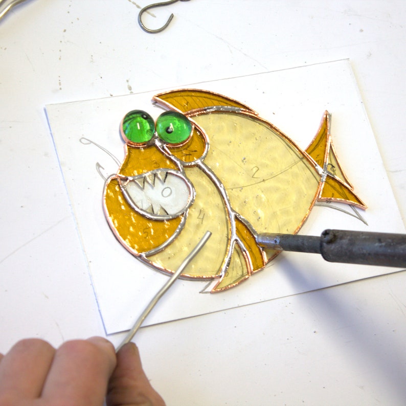 Suncatcher fish piranha on a hook stained glass suncatcher Fishing suncatcher Gift for for a him and fisherman Stained glass decor image 10