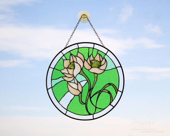White Lilies Stained Glass Panel: Flower Suncatcher, Window Wall Hanging, Pastel Wall Art, Mothers Day Gift