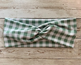 Green and White Gingham Faux Knot Headband