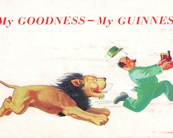 My Goodness My Guiness Print, Lion à la poursuite d’un homme avec Guiness Beer, Art mural vintage - Home Decor