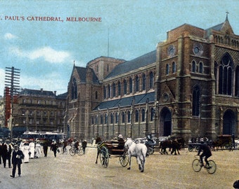 Gravure vintage de la cathédrale Saint-Paul de Melbourne, Victoria, Australie en 1908, Art mural rétro, Décoration intérieure