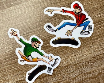 Mario and Luigi Skateboard Sticker Pack | Super Mario Bros Die Cut Sticker | Water Bottle Sticker