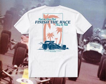 Vintage Racing F1 T-Shirt | Finish the Race Graphic Tee | Christian Tshirts | Bible Verse Shirt | Classic Race Car Design | Automotive Shirt