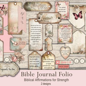Shabby Chic Christian Prayer Journal Folio Kit, Biblical Affirmations for Strength, Digital Download, Bible Verses, KJV, NIV, folding folio