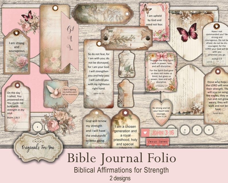 Shabby Chic Christian Prayer Journal Folio Kit, Biblical Affirmations for Strength, Digital Download, Bible Verses, KJV, NIV, folding folio