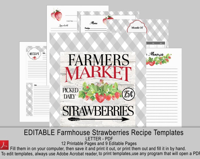 EDITABLE farmhouse strawberry printable and editable recipe templates journal Instant PDF download printable paper binder book personalized
