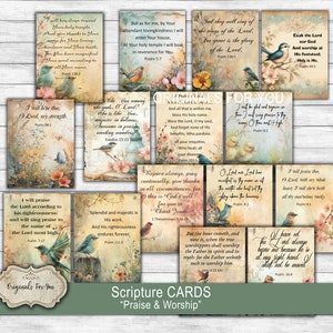 SHABBY CHIC christelijke afdrukbare schriftkaarten over "Lof en aanbidding", collageblad, digitale download, afdrukbare bijbelverzen, gebedskaarten
