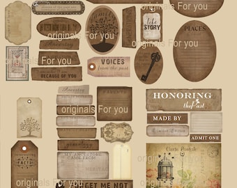 Genealogy, Vintage, Tags, Junk Journal Words, Cards, Ephemera, Post cards, Family History, Junk Journal, Family Tree, Shabby, Download